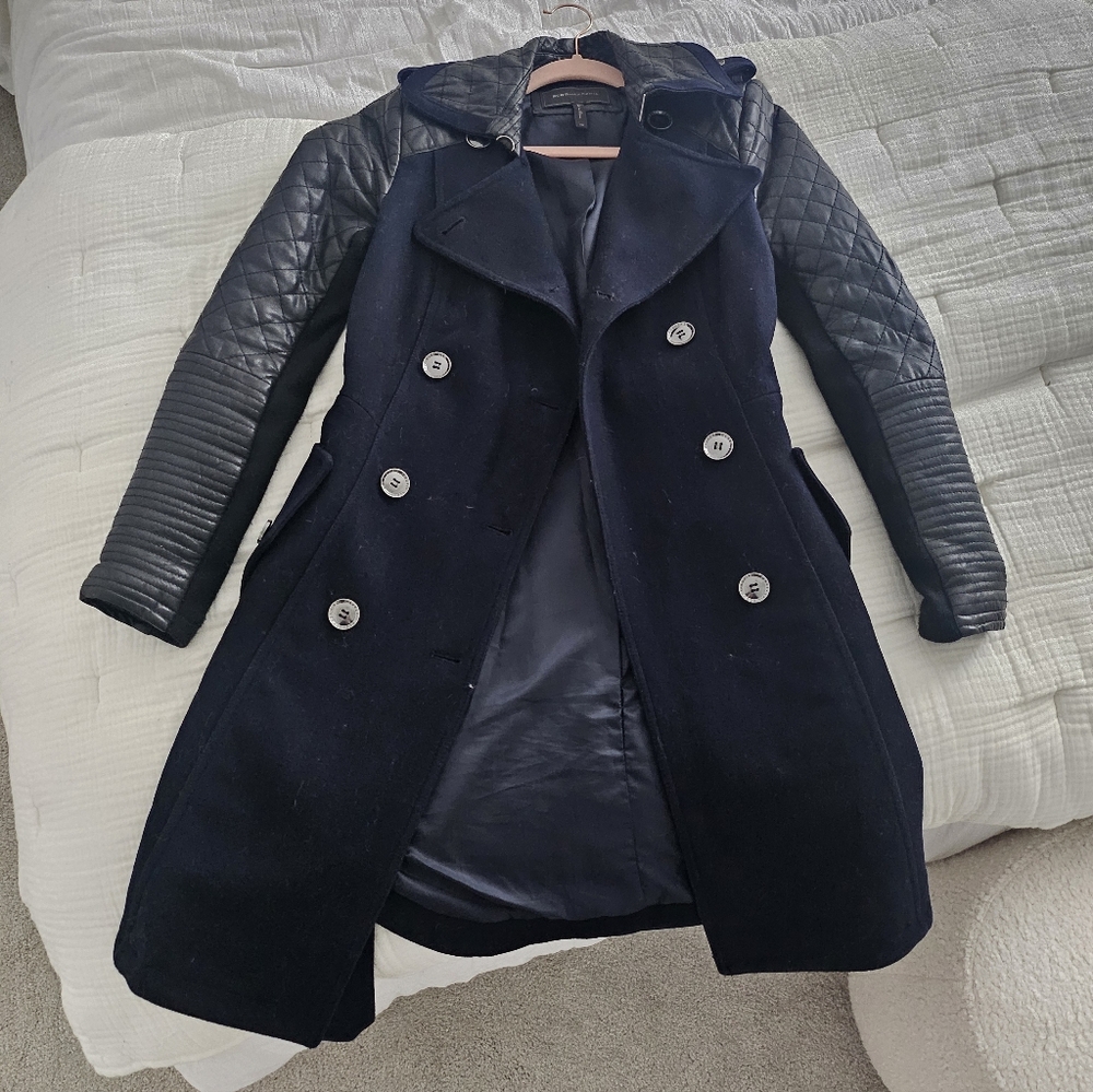 BCBGMaxazria Navy Wool And Leather Coat